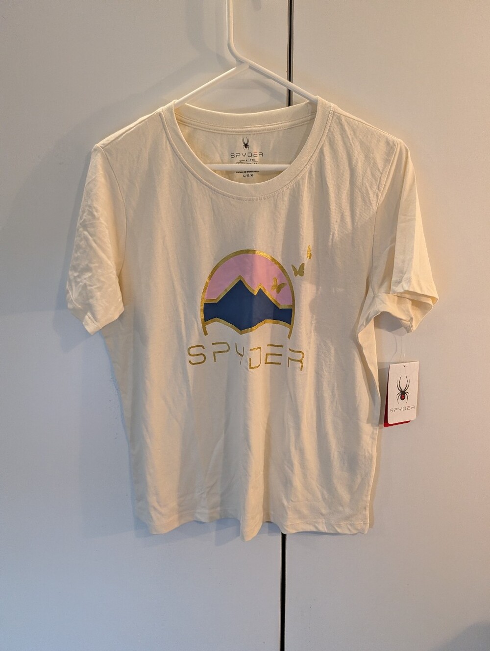 Spyder Cream Woman's Large Short-Sleeve Tee with Pink and Blue Graphic NWT